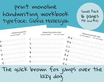 penmanship practice worksheets, monoline print lettering, procreate handwriting practice workbook printable ipad