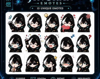 May include: A digital collection of 15 unique emotes featuring a character with black and white hair wearing a dark hooded cloak. The character displays various expressions including waving, crying, sleeping, holding a heart, and using a magnifying glass.