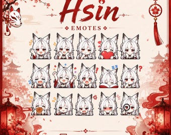 May include: A digital graphic sheet titled Hsin EMOTES featuring fifteen chibi-style character illustrations with white hair and fox ears, displaying various expressions. The background includes red lanterns, cherry blossoms, and a fox mask.