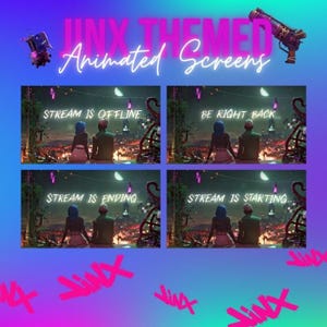 May include: A digital graphic with a gradient purple and blue background. The text "JINX THEMED Animated Screens" is at the top. Four animated screens are displayed, each with a couple and text: "Stream is Offline," "Be Right Back," "Stream is Ending," and "Stream is Starting."