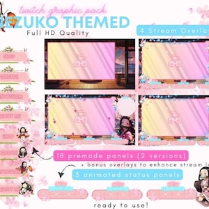 Pode incluir: Um pacote gráfico Twitch rosa e azul com o tema do personagem de anime Nezuko Kamado de Demon Slayer. O pacote inclui 4 sobreposições de stream, 18 painéis pré-fabricados, 3 painéis de status animados e sobreposições bônus. O texto "Nezuko Themed" está em uma fonte rosa e azul. O texto "twitch graphic pack" está em uma fonte branca. O texto "Full HD Quality" está em uma fonte branca. O texto "4 Stream Overlays" está em uma fonte branca. O texto "18 premade panels (2 versions)" está em uma fonte branca. O texto "bonus overlays to enhance stream look" está em uma fonte branca. O texto "3 animated status panels" está em uma fonte branca. O texto "ready to use!" está em uma fonte branca.