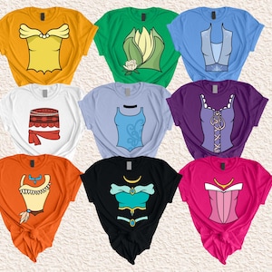 May include: Set of ten t-shirts featuring different Disney princess characters. Each shirt has a different color and design, with a princess's bodice or outfit on the front. The shirts are all in a casual style and would be great for fans of Disney princesses.