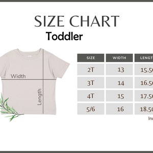 Puede incluir: Tabla de tallas para camisetas de ni&ntilde;o peque&ntilde;o, con medidas en pulgadas. La tabla incluye las tallas 2T, 3T, 4T y 5/6, con las medidas correspondientes de ancho y largo. Se muestra una camiseta de color claro con l&iacute;neas que indican el ancho y el largo.