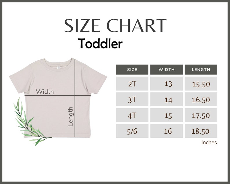 Puede incluir: Tabla de tallas para camisetas de ni&ntilde;o peque&ntilde;o, con medidas en pulgadas. La tabla incluye las tallas 2T, 3T, 4T y 5/6, con las medidas correspondientes de ancho y largo. Se muestra una camiseta de color claro con l&iacute;neas que indican el ancho y el largo.