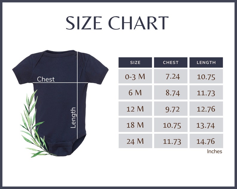Puede incluir: Un body de beb&eacute; azul marino con una tabla de tallas. La tabla muestra las medidas de pecho y largo en pulgadas para tallas de 0-3 meses a 24 meses. El texto "SIZE CHART" est&aacute; en la parte superior.