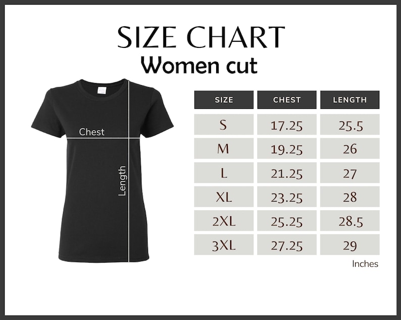 Puede incluir: Una camiseta negra con una tabla de tallas para mujer. La tabla enumera las tallas S a 3XL, con medidas de pecho de 43,8 a 69,2 cm y largos de 64,8 a 73,7 cm. El texto "SIZE CHART Women cut" est&aacute; en la parte superior.