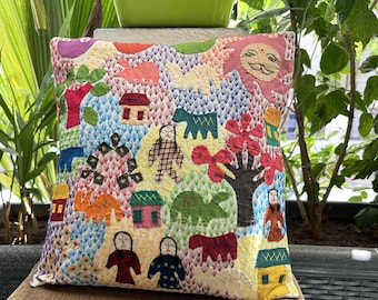 Vintage Kantha Applique Cushion Cover, Handmade Reversible Pillow