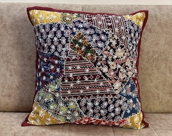 Kantha Kissenbezug, Applikationskissen, Patchworkkissen, Quiltkissen, quadratisches Kissen, handgefertigtes Kissen für Sofa und Dekoration