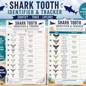 May include: Two shark tooth identifier and tracker charts, one in black and white and one in color. Each chart lists nine shark types with illustrations of their teeth, including Great White, Tiger, Bull, Blacktip, Spiny Dogfish, Lemon, Sand Tiger, Hammerhead, and Mako sharks, with columns to track finds.
