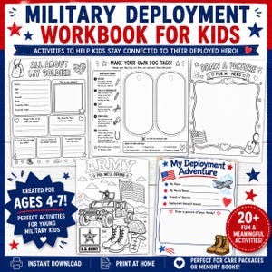 Puede incluir: Un libro de ejercicios de despliegue militar para niños con páginas de actividades que incluyen ilustraciones en blanco y negro de un vehículo del ejército, botas y placas de identificación. Las páginas contienen textos como All About My Soldier y My Deployment Adventure, diseñados para niños de 4 a 7 años.