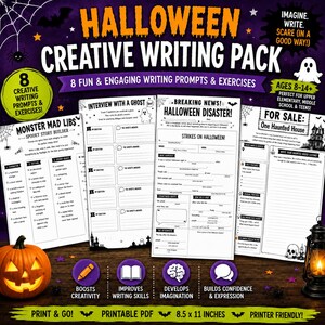 Może przedstawiać: Zestaw do kreatywnego pisania na Halloween zawierający cztery arkusze ćwiczeń do druku z tematami takimi jak Monster Mad Libs, Interview with a Ghost, Breaking News Halloween Disaster i For Sale One Haunted House na ciemnofioletowym tle.