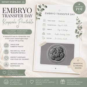 Könnte beinhalten: Ein druckbares "Embryo Transfer Day" Andenken-Dokument. Es bietet Platz für ein Embryofoto und Transferdetails. Der digitale Download ist ideal für IVF-Ordner und Baby-Erinnerungsbücher. Das Design ist schön und minimalistisch.
