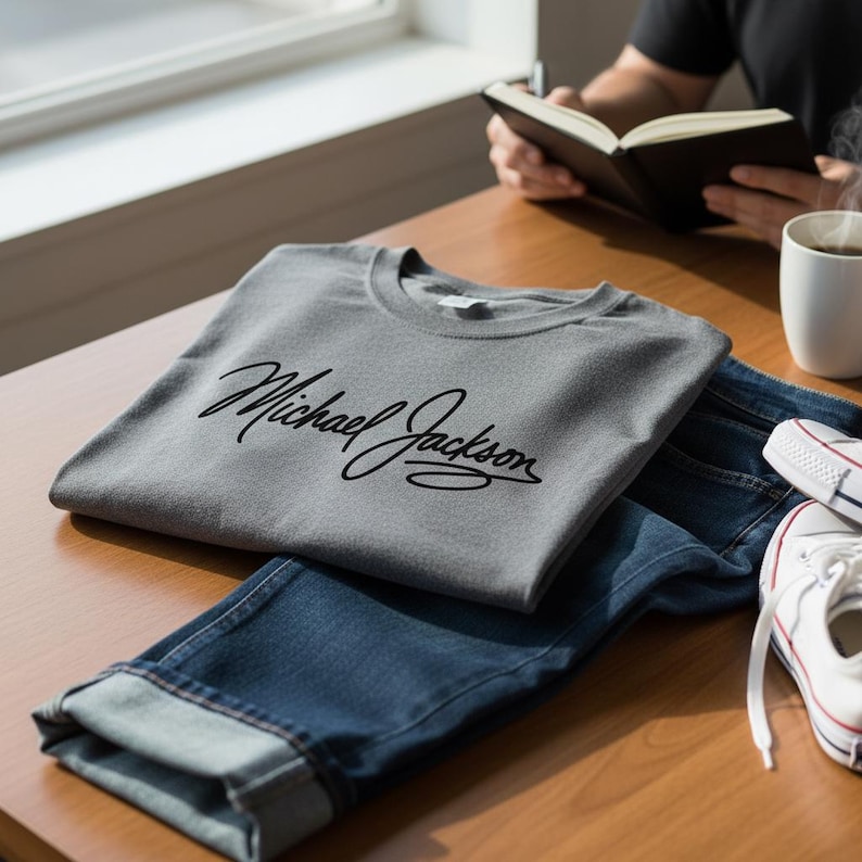 May include: A gray t-shirt with the name "Michael Jackson" in black script, folded on a wooden table next to blue jeans and white sneakers. A person is reading a book in the background.