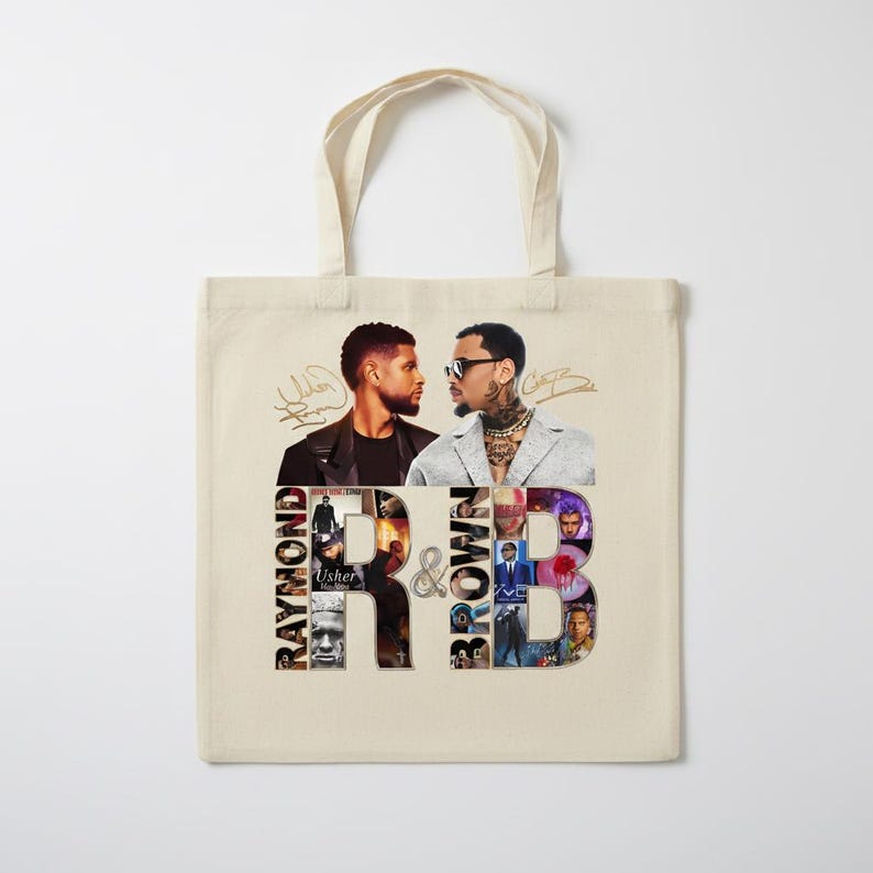 May include: A beige tote bag featuring a graphic design. The design includes images of two men, with the words "Raymond" and "Brown" on either side of the "&" symbol. The words "R&B" are also visible in the design.