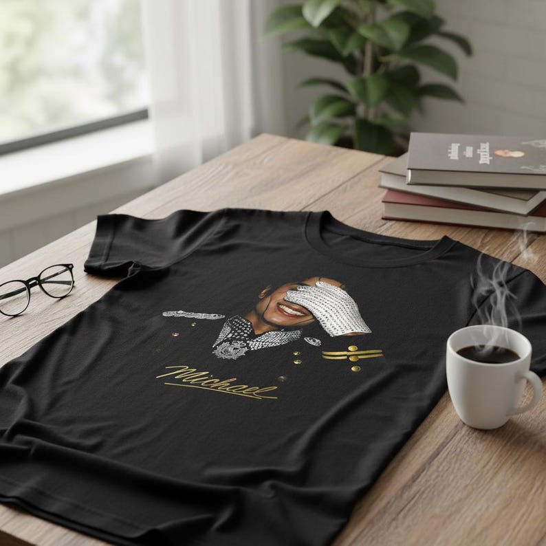 May include: Black t-shirt featuring a portrait of a smiling person wearing a military-style jacket and a white glove, with the name "Michael" in gold script. The image includes a coffee cup and eyeglasses.