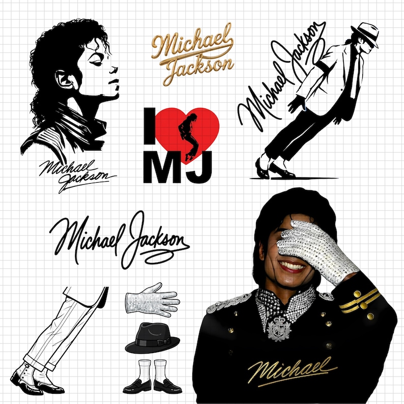 May include: A collection of Michael Jackson-themed graphics. Includes a black and white profile, various logos with the name "Michael Jackson", a silhouette of a dancer, and a photo of Michael Jackson wearing a black jacket and a silver glove.