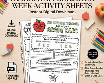 Teacher Grade Card Printable, Teacher Appreciation, Teacher Award, Funny Teacher Ranking, Kids Activity, Gift for Teacher, Digital Download
