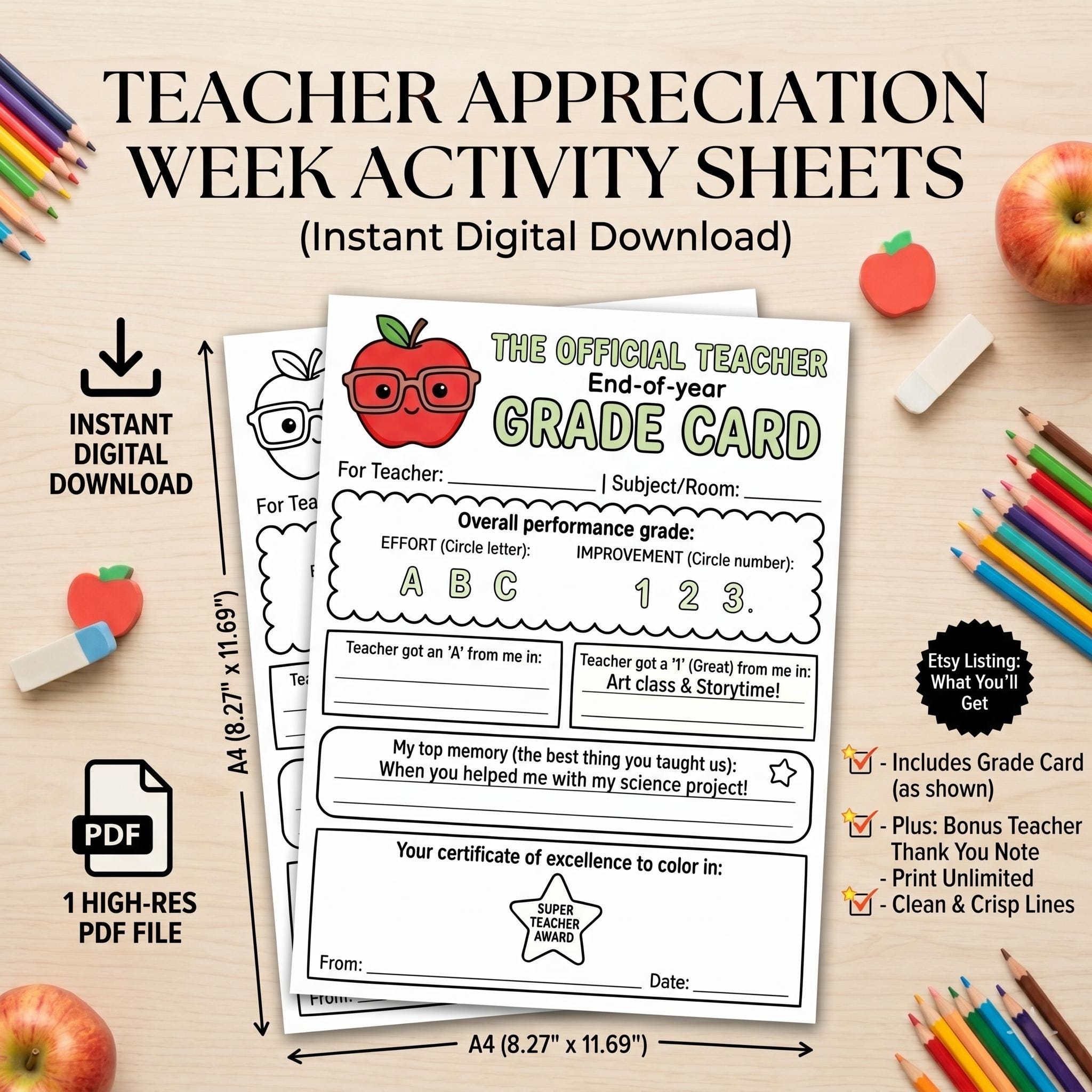 Teacher Grade Card Printable, Teacher Appreciation, Teacher Award ...