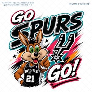Op de afbeelding: Een digitale afbeelding met een cartoon coyote die een zwart en zilver basketbalshirt draagt met nummer 21. De woorden "GO SPURS GO!" staan prominent in een dynamisch, gestileerd lettertype, met een kleurenschema van zwart, wit, roze en teal.