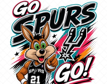 May include: A digital graphic featuring a cartoon coyote wearing a black and silver basketball jersey with the number 21. The words "GO SPURS GO!" are prominently displayed in a dynamic, stylized font, with a black, white, pink, and teal colour scheme.