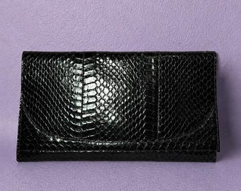 Vintage Black Snakeskin Clutch Bag, Dano Belgium Envelope Purse, Genuine Exotic Leather Evening Bag, Minimalist Luxe Handbag