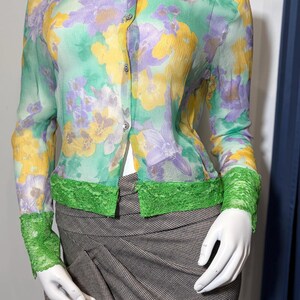 Y2K Cristina Capucci zijden blouse Italiaanse designer zijden blouse met bloemenprint en kanten doorzichtige blouse romantische top IT 44 afbeelding 4