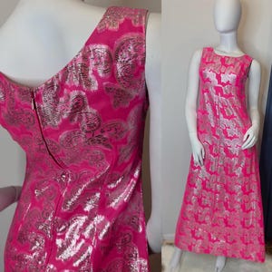 Vintage 1960s Bespoke Made Pink Silver Silk Brocade Maxi Dress S