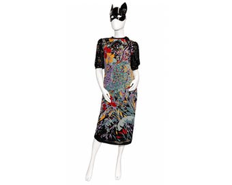 Vintage 1970s Tissus Léonard & Cie for Otto Graf Paris Jersey Dress – Floral Art Print Maxi Dress – Fully Lined – Size S