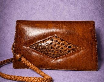 Vintage Brown Leather Crossbody Bag With Exotic Reptile Detail, Boho Shoulder Purse, Braided Strap Bag, 80s Leather Handbag