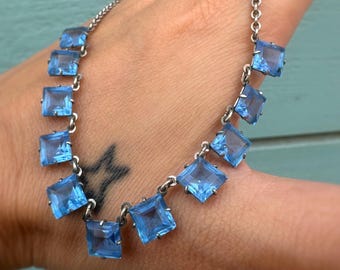 Art Deco Blue Paste Necklace | Square Cut Glass Stones | 41cm Vintage Silver Tone Chain