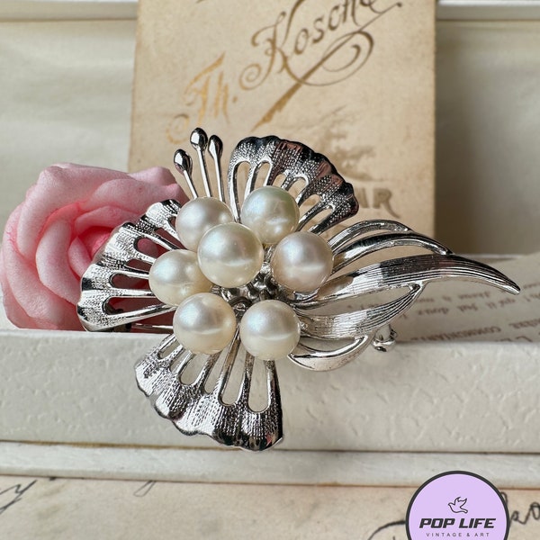 Mooie Vintage 1960's Japanse Sterling Silver Akoya Saltwater Cultured Pearl Broche