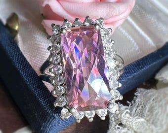 Sterling Silver Pink DQCZ Cocktail Ring 925 | Vintage-Style Statement Ring | Size EU 53 | Halo CZ Ring
