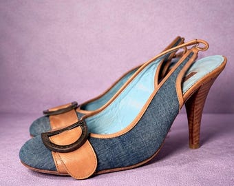 Y2K Gianmarco Lorenzi Denim Slingback Heels EU 38.5, Designer Leather & Canvas Pumps, Vintage Italian Stiletto Shoes