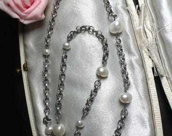 Vintage Sterling Silver Chain Necklace with Baroque Cultured Pearls