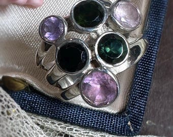 Bold Sterling Silver Cluster Ring with Amethyst, Onyx & Green Stone | Vintage 925 Statement Ring | Size 52