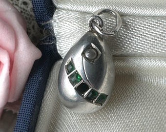 Antique Silver Egg Charm Necklace with Green Paste Stones | Mixed Hallmarks 84 & 935 | Vintage Chain 925