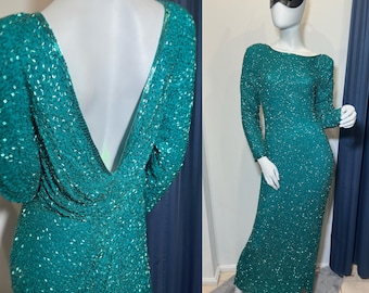 Vintage A.J. Bari Teal Silk Beaded Evening Gown – Heavy Hand-Beaded, Open Back, Size 8