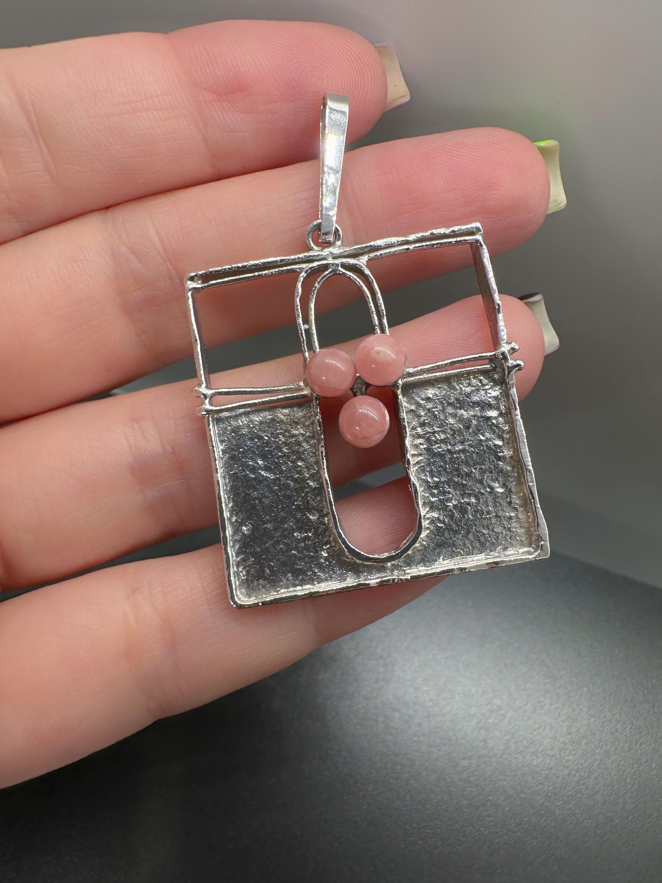 Pendentif En Rhodochrosite Rose Fait Main – Pierre Naturelle, Sertie Cabochon, Plaqué Argent, Bijou Vintage