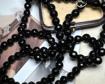 Antique Faceted Black Glass Bead Necklace | Edwardian to Art Deco Long Necklace 98cm | Hand-Cut French Jet Beads