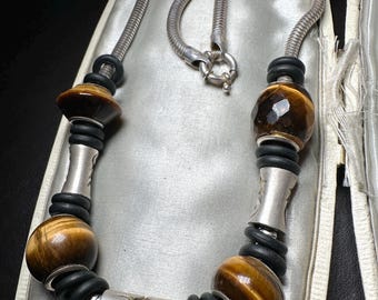 Sterling Silver Tiger's Eye Statement Necklace: Engraved Tribal Beads