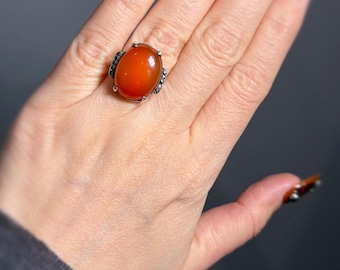 Art Deco Carnelian Ring Sterling Silver Marcasite Vintage Statement Ring Oval Gemstone Size 54