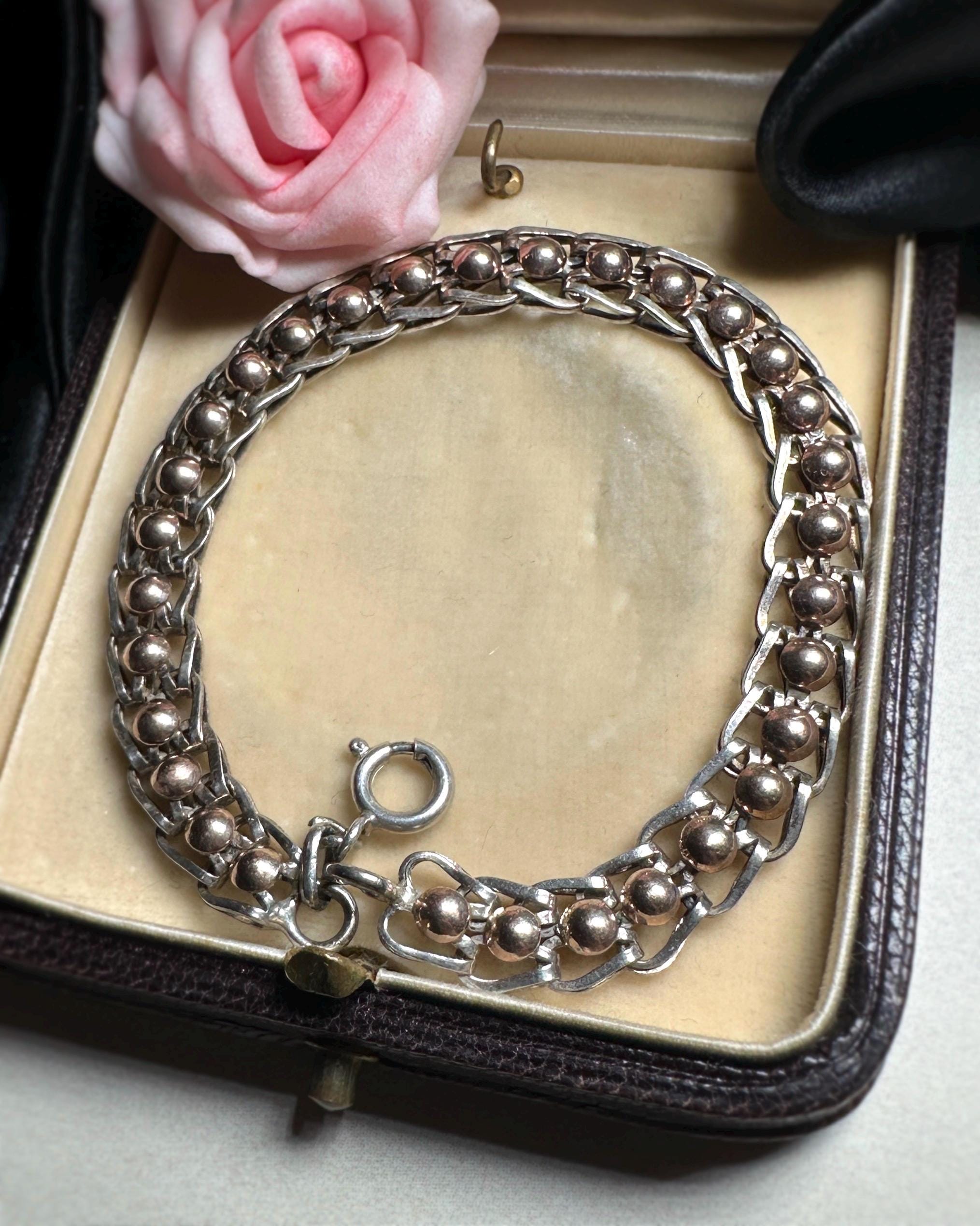 Ancien Bracelet Gourmette En Maille minéraux boule et métal Argenté