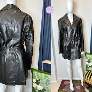 Vintage 1970s FINN FANT Glossy Leather Belted Military Style Jacket Coat XL image 1