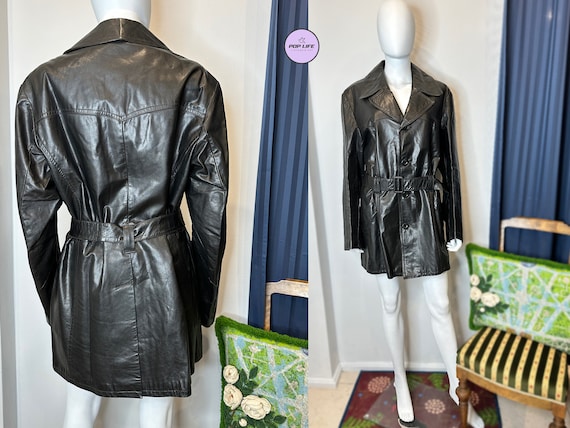 Vintage 1970s FINN FANT Glossy Leather Belted Military Style Jacket Coat XL