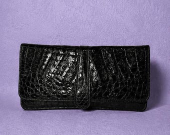 Vintage Black Exotic Leather Clutch Bag Made in Germany, Glossy Textured Evening Purse, Quiet Luxury Envelope Handbag