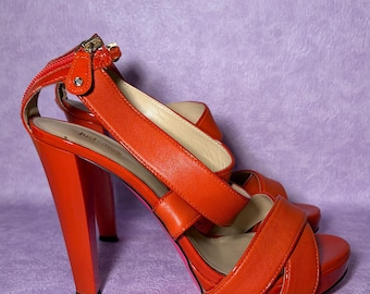 Y2K Just Cavalli Orange Platform Heels EU 40, Italian Designer Sandals, Neon Pink Soles, Statement Stiletto Shoes