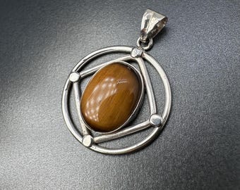 Vintage Sterling Silver Modernist Tigers Eye Stone Cabochon Pendant 7,94g