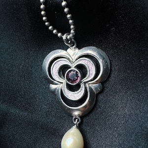 Antique Art Nouveau Jugendstil Sterling Silver Enamel Paste Pearl Drop Necklace