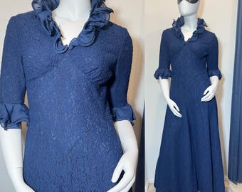 Vintage 1970s Disco Lace Wide-Leg Jumpsuit | Crimplene | Fully Lined | Ruffled Collar & Cuffs | Size S