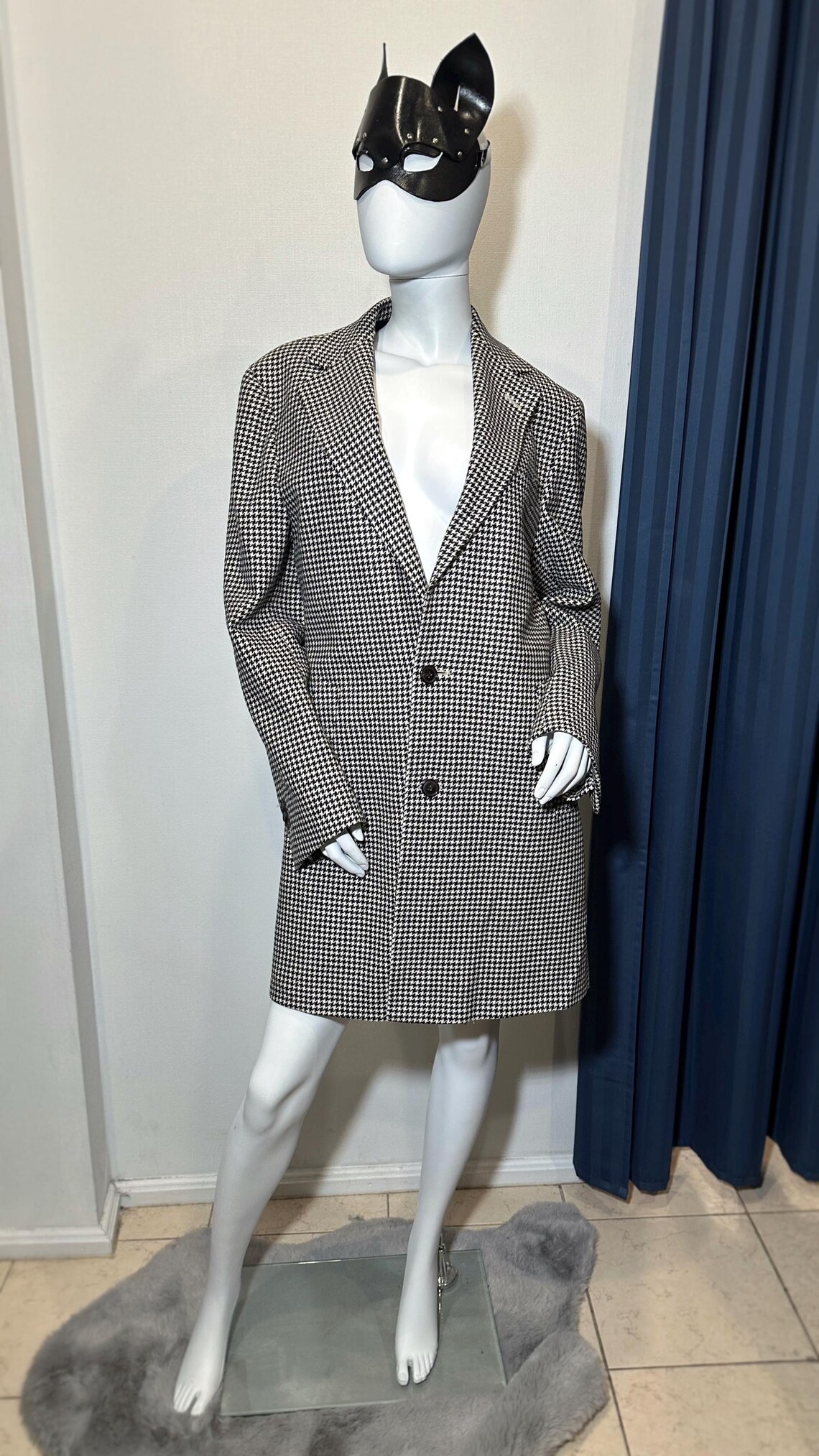 Vintage Houndstooth Wool Cashmere Coat E Thomas Fabric Suitsupply Long Tailored Blazer Size 48, photo 2 of 5